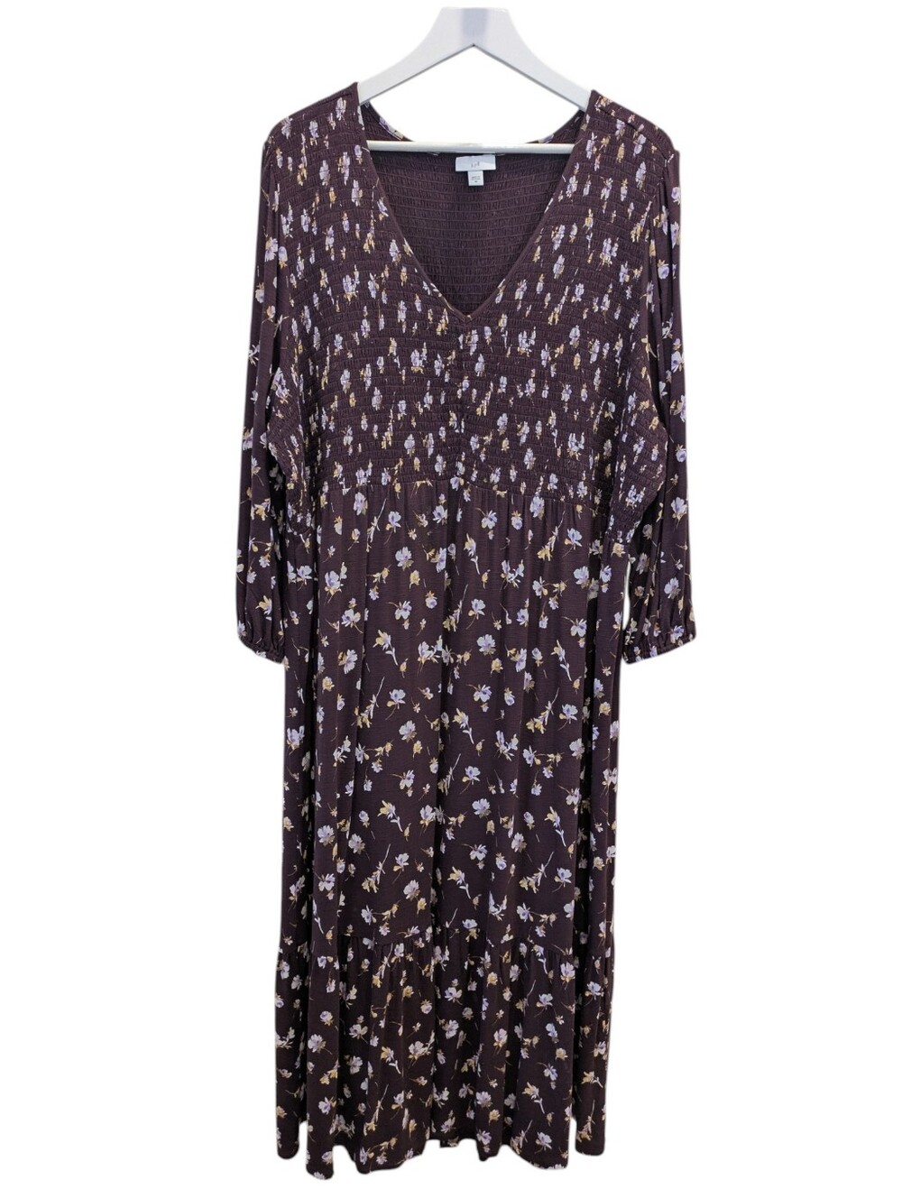 J. Jill Tiered Flounced Hem Floral Midi Dress 3X Floral Smocked Bodice V Neck